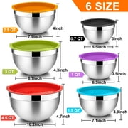 Walchoice Mixing Bowls with Lid Set of 6, Stainless Steel Metal Nesting Bowls for Cooking, Baking, Preparing, Serving, Size 4.5/3/2.5/1.5/1/0.7 QT - Multi-Color