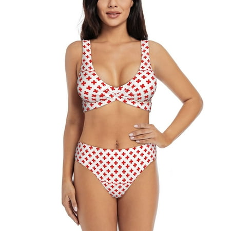 Zeuib Red Cross High Waisted Tummy Control Bikini Set - Knot Front Push Up Top & Cheeky Thong Bottom  Two-Piece Swimsuit for Women-X-Large