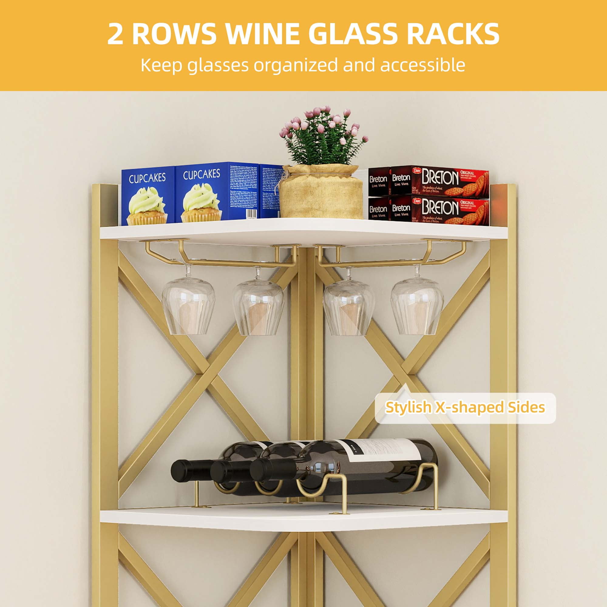 Dextrus 62.8" Corner Bar Cabinet for Liquor and Glasses, Corner Shelf with doors & Wine Rack, White