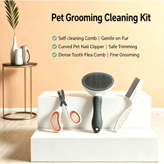 Cat Grooming Kit 3PCS Self Cleaning Slicker Brush with Round Protection Pins Safety Nail Clippers with Circular Positioning Hole Fine Tooth Flea Comb Professional Pet Grooming Tools for Cats and Dog