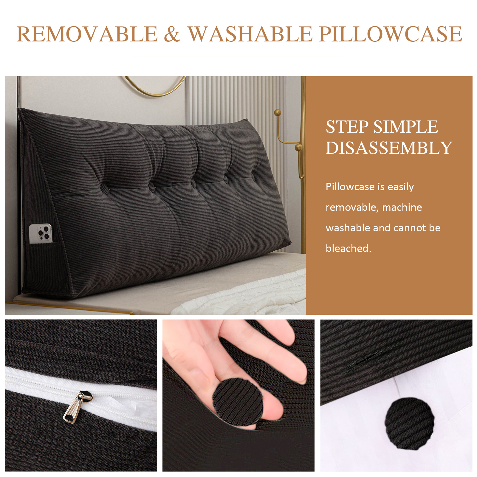 ANMINY Bed Wedge Pillow for Headboard Gap Reading Lumbar Back Rest Support Pillow for Bed Sofa Large Long Pillow with Side Pockets Removable Cover, 39"x20", Black