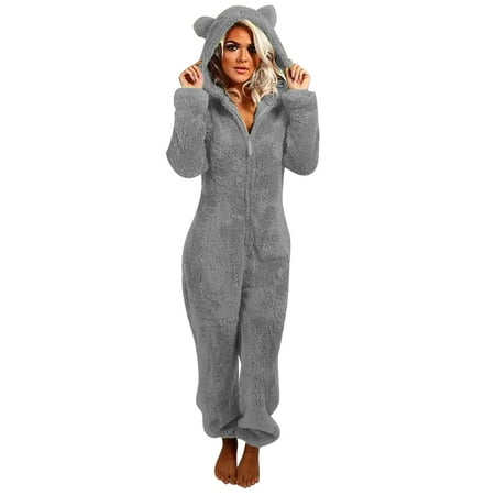 

REORIAFEE Womens Pants Streetwear Y2K Clothing Hooded Jumpsuit Pajamas Winter Warm Romper Sleepwear Gray M