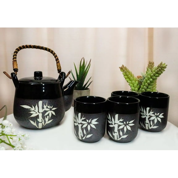 Charcoal Black Japanese Bamboo Grove Ceramic Tea Set Teapot And 4 Cups Drinkware
