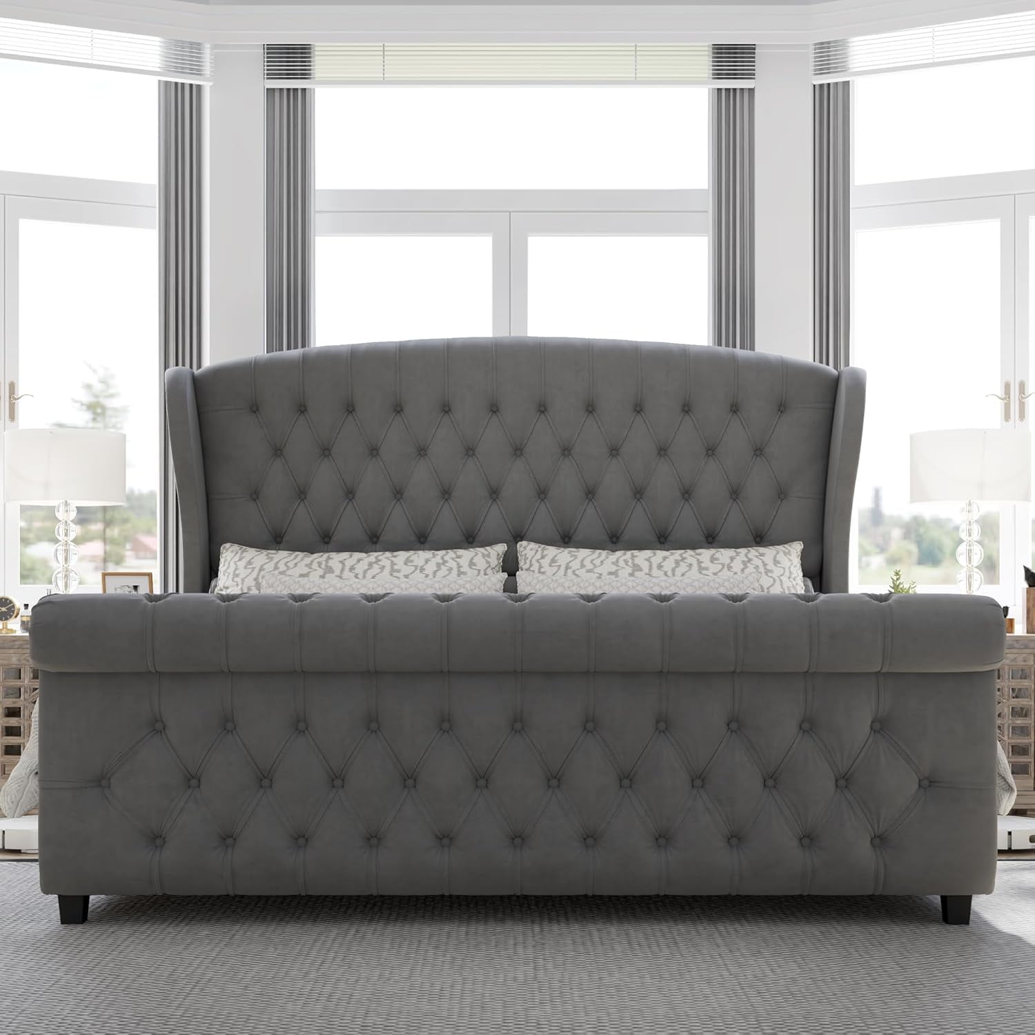 Amerlife Queen Size Bed Frame with Chenille Upholstery, Scroll Wingback Headboard and Footboard, Grey