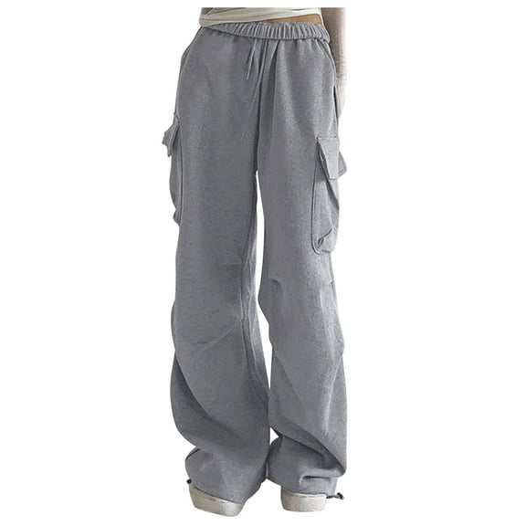 Ladies Elastic High Waist Sweatpants Wide Leg Cargo Pants with 6 Pockets Comfy Casual Loose Jogging Sports Trouser (S, Gray)