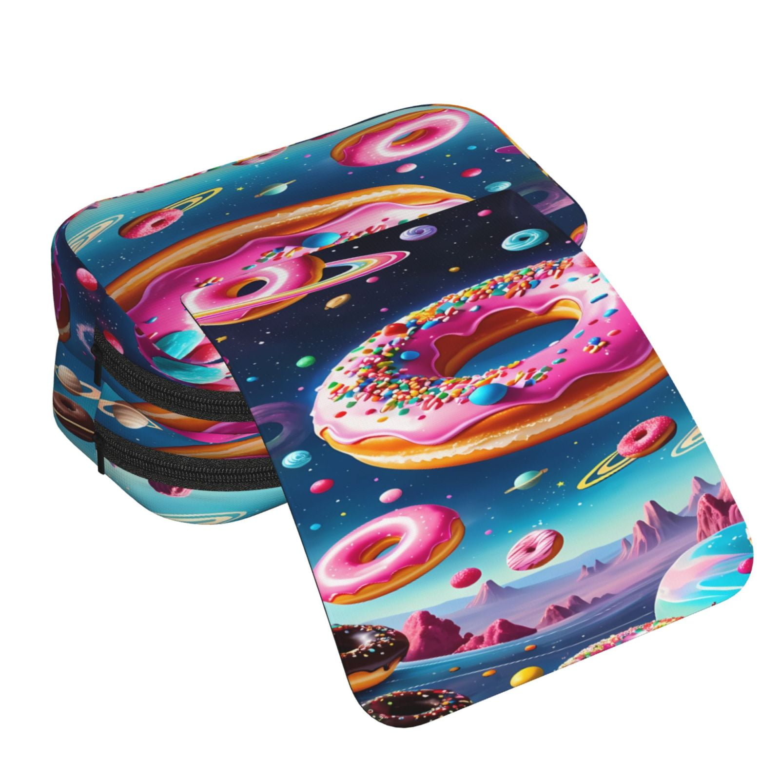Rateoe Starry Sky Colorful Donut Pattern Double Clamshell Pen Case, Storage Organizer with Two Zipper Compartments– Holds Up to 50 Pencils & Pens