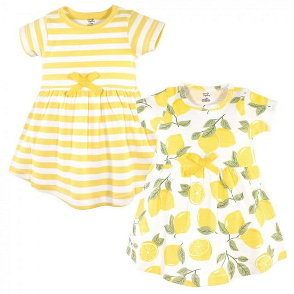 Touched by Nature Baby and Toddler Girl Organic Cotton Short-Sleeve Dresses 2pk, Lemon Tree, 0-3 Months
