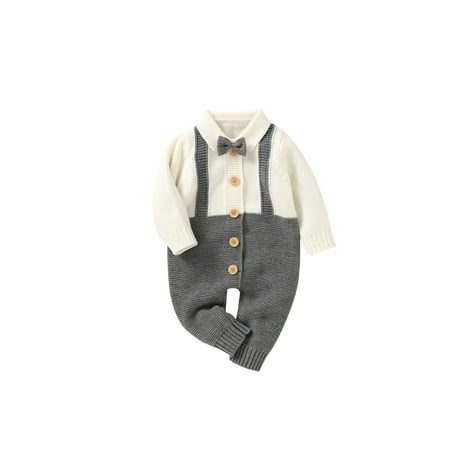 

Canrulo Newborn Baby Boy Casual Knitted Gentleman Romper Long Sleeve Button Down Jumpsuit Clothes Outfits Grey 3-6 Months