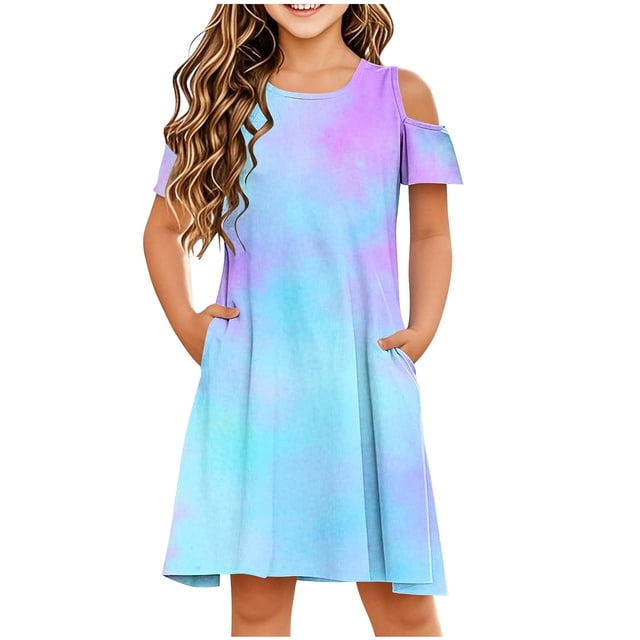 Économies Printemps/été! HVOBTTY Robe Quotidienne Confortable à Manches Courtes pour Fille Robe Sans Manches Extensible Robe Trapèze Tourbillonnante Robe de Récital Scolaire Robe à Manches Courtes Col Rond Bleu 13 Ans