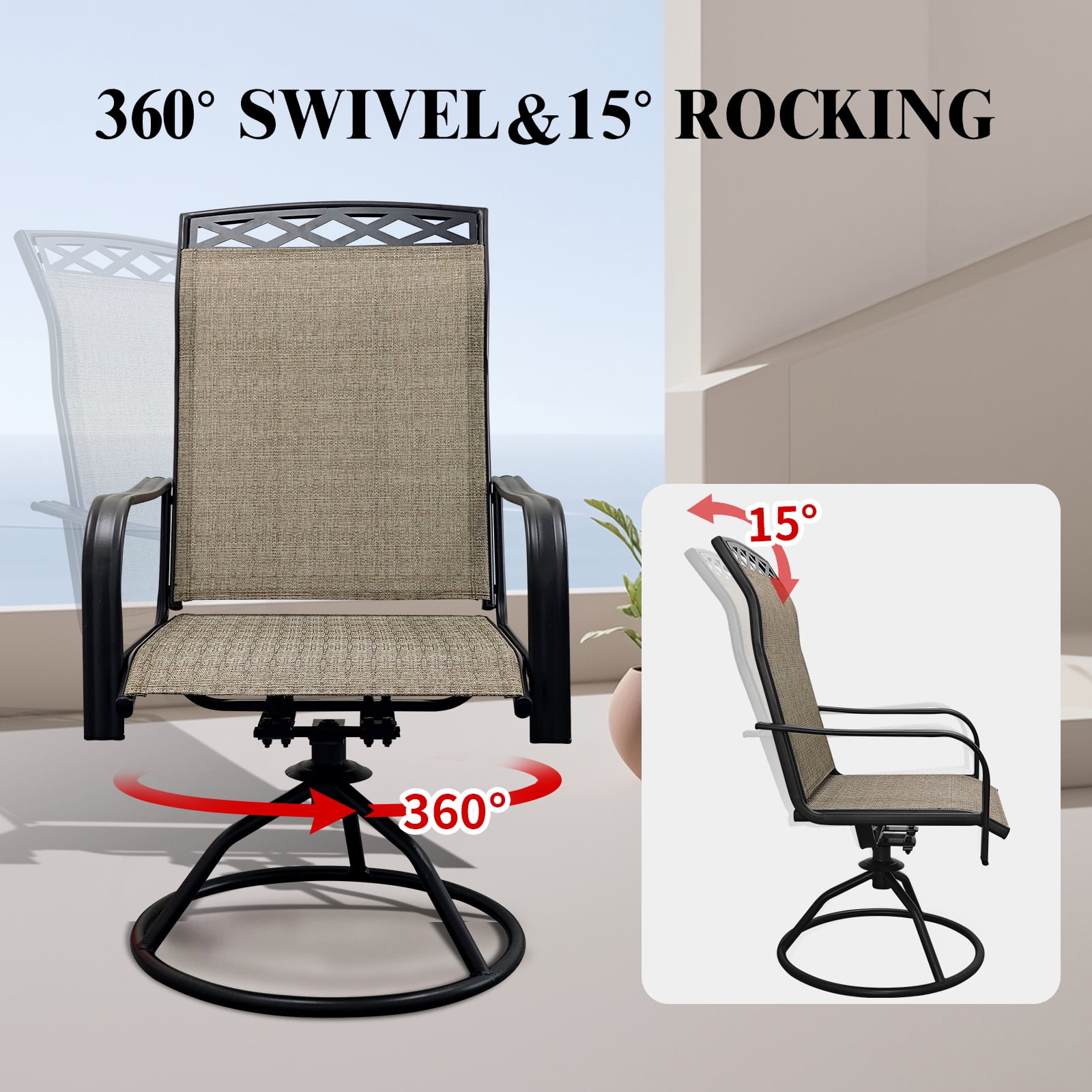 Patio Swivel Chairs Set of 2, Waterproof Outdoor Dining Chairs with All-Weather Textilene Mesh, High Back Rocker Chairs for Deck, Garden, and Backyard (Beige)