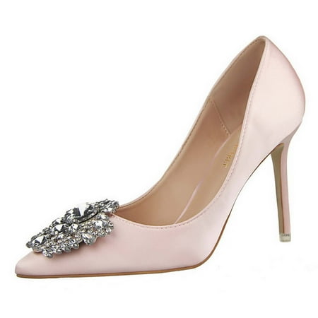 Juebong Women Pumps Elegant Rhinestone High Heels Shoes Sexy Thin Pointed Single Shoes Pink Size 39