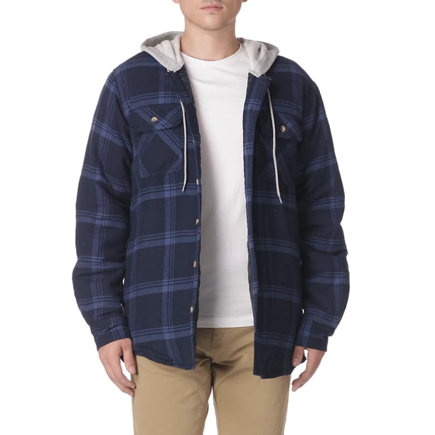 Wrangler Authentics Chaqueta tipo camisa de franela con forro acolchado de manga larga y capucha para hombre, color azul marino, talla XL