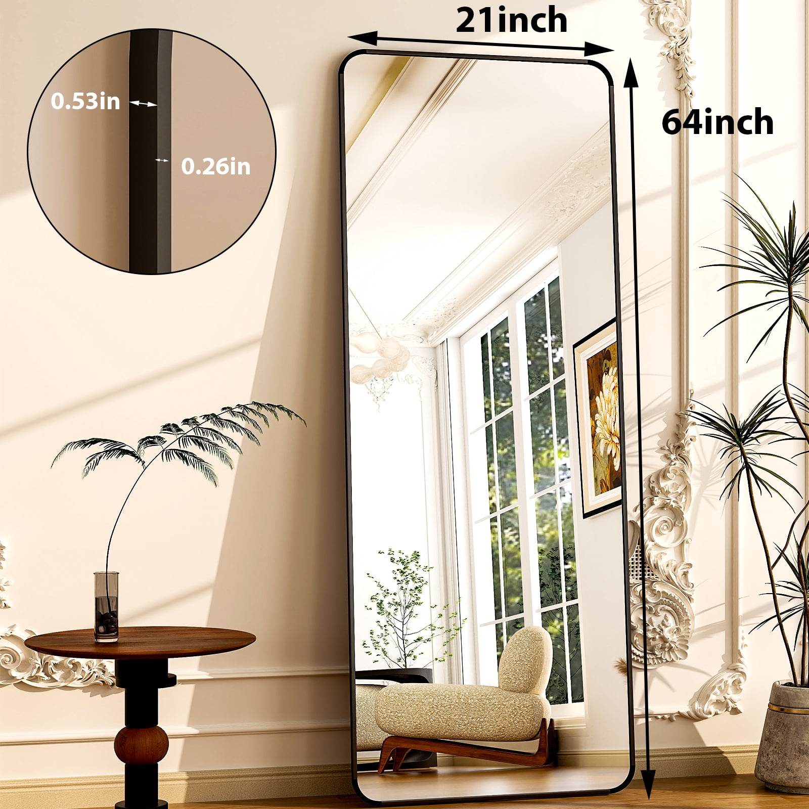 Anyrose 64"x21" Rectangle Full Length Mirror Floor Mirror with Stand Wall Mounted,Black
