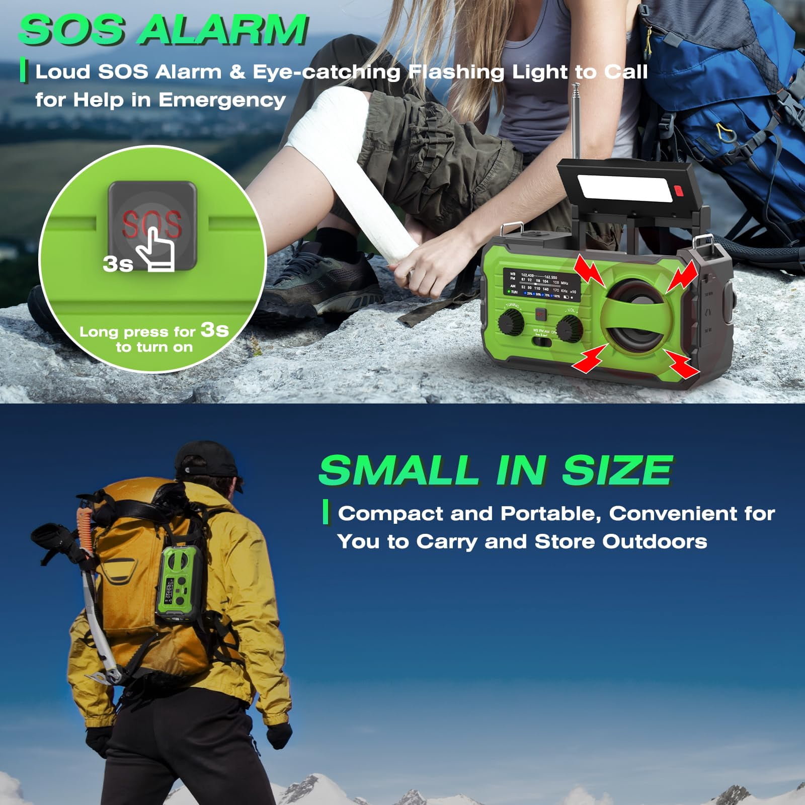 Emergency Weather Radio 37000mwh Solar Hank Crank Usb Charged With Noaa/am/fm  Flashlight Reading Light Sos Alarm For Kit Indoor Outdoor Power Outage