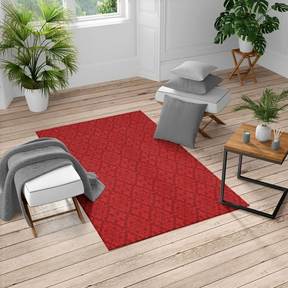 Retro Turkish Area Rug, Antique Victorian Floral Patterns in Modern Graphic Print Old Fashioned Art, Carpet for Living Room Decor, 6.6' X 9.6', Ruby and Dark Coral, by Ambesonne