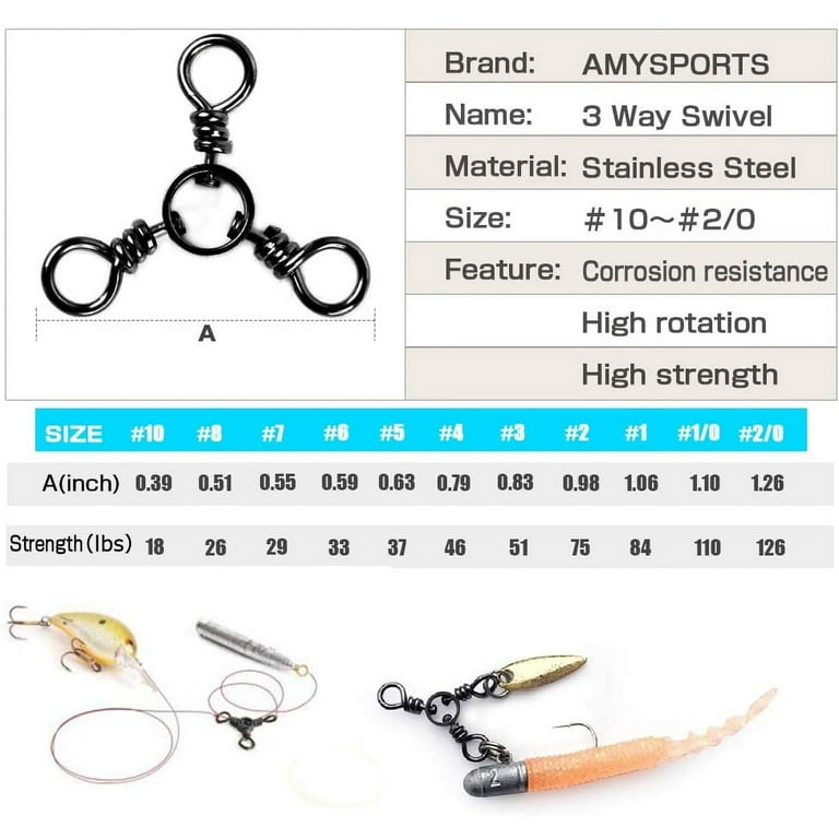 AMYSPORTS Fishing Connector Fish Swivels Tackle 3 Way Fishing Swivel  Saltwater Freshwater Fishing Tackle Accessories Crossline Trolling Line Lure  Connector 