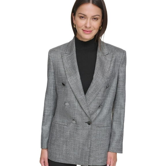 DKNY Womens Metallic Houndstooth Double Breasted Blazer Jacket, Grey, Large