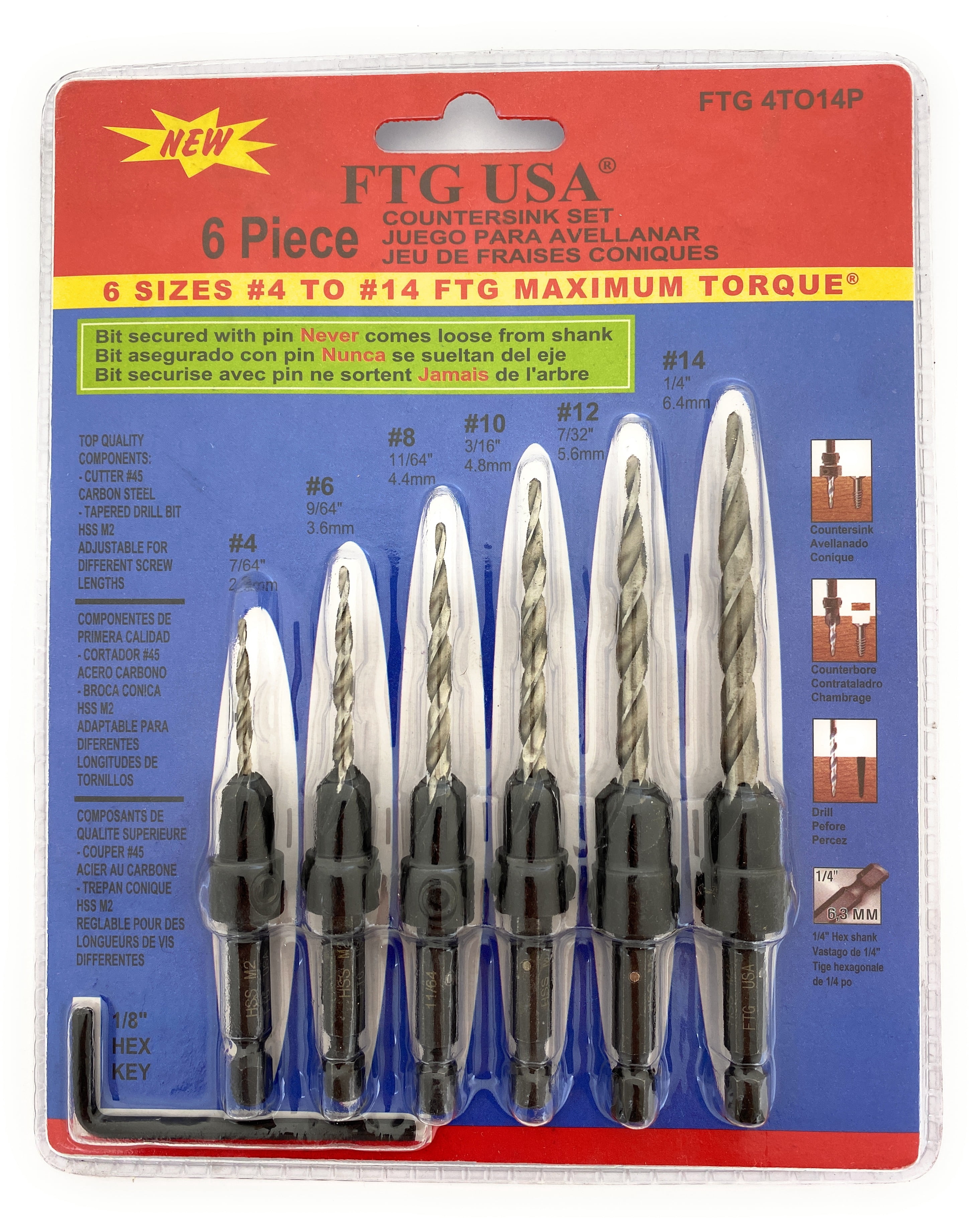 FTG USA Countersink Drill Bit Set #4#6#8#10#12#14 Tapered Countersink Bit