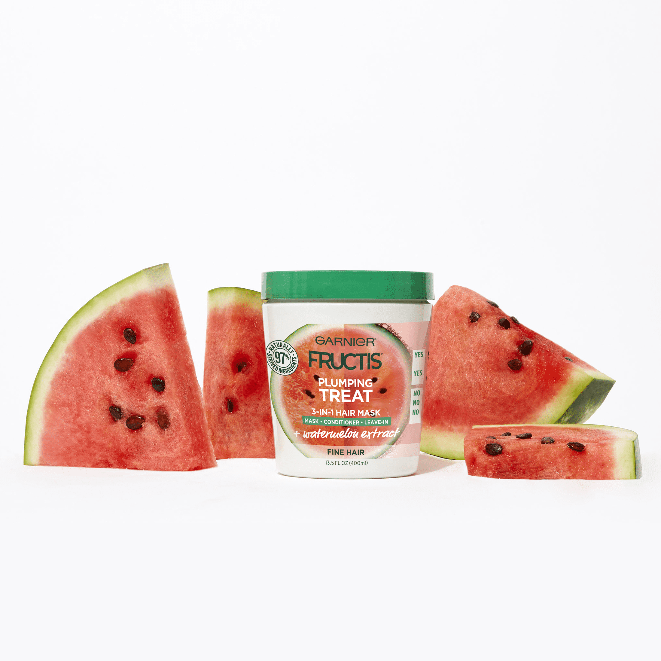 Garnier Fructis Plumping Nourishing Treat 3 in 1 Hair Mask, Frizzy Hair, Watermelon Extract, 13.5 fl oz