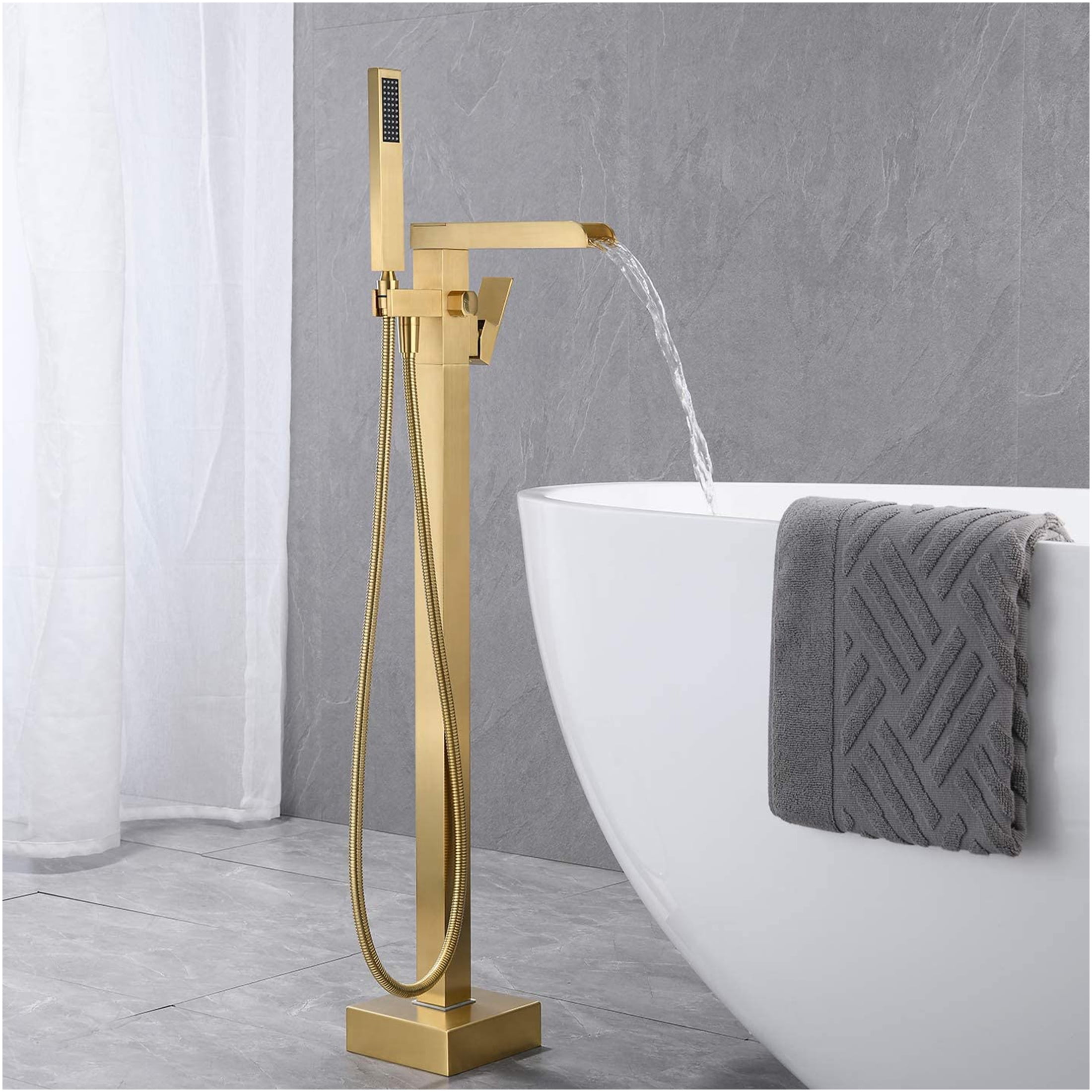 JERFIT 37" Brushed Gold Floor Mounted Tub Filler with Handheld Shower, Waterfall Spout Freestanding Bathtub Faucet