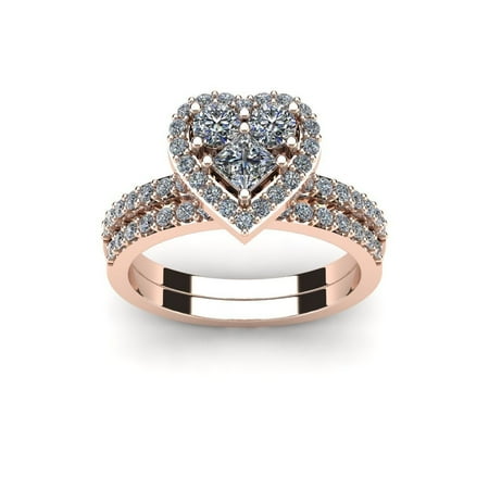1 Carat Heart Shaped Bridal Engagement Ring Set in 14K Rose Gold - White I-J