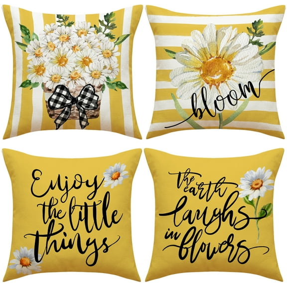 Sunyuer Daisy Pillow Covers 18x18 Inch Set of 4, Spring Summer Farmhouse Throw Pillow Cover Buffalo Plaid Bow Floral Cushion Case for Home Decor