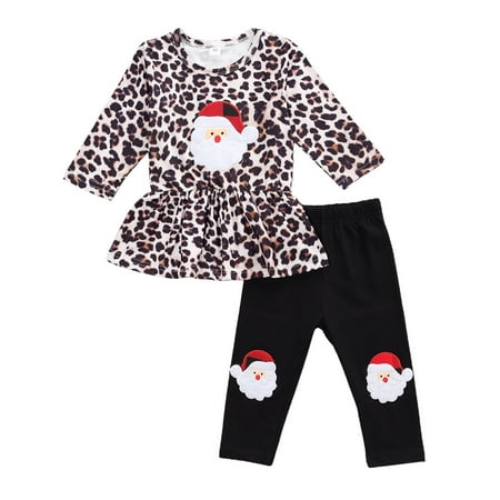 

Binpure Christmas Clothing Xmas Infant Baby Girl Santa Leopard Print Long Sleeve Tops Pants Set