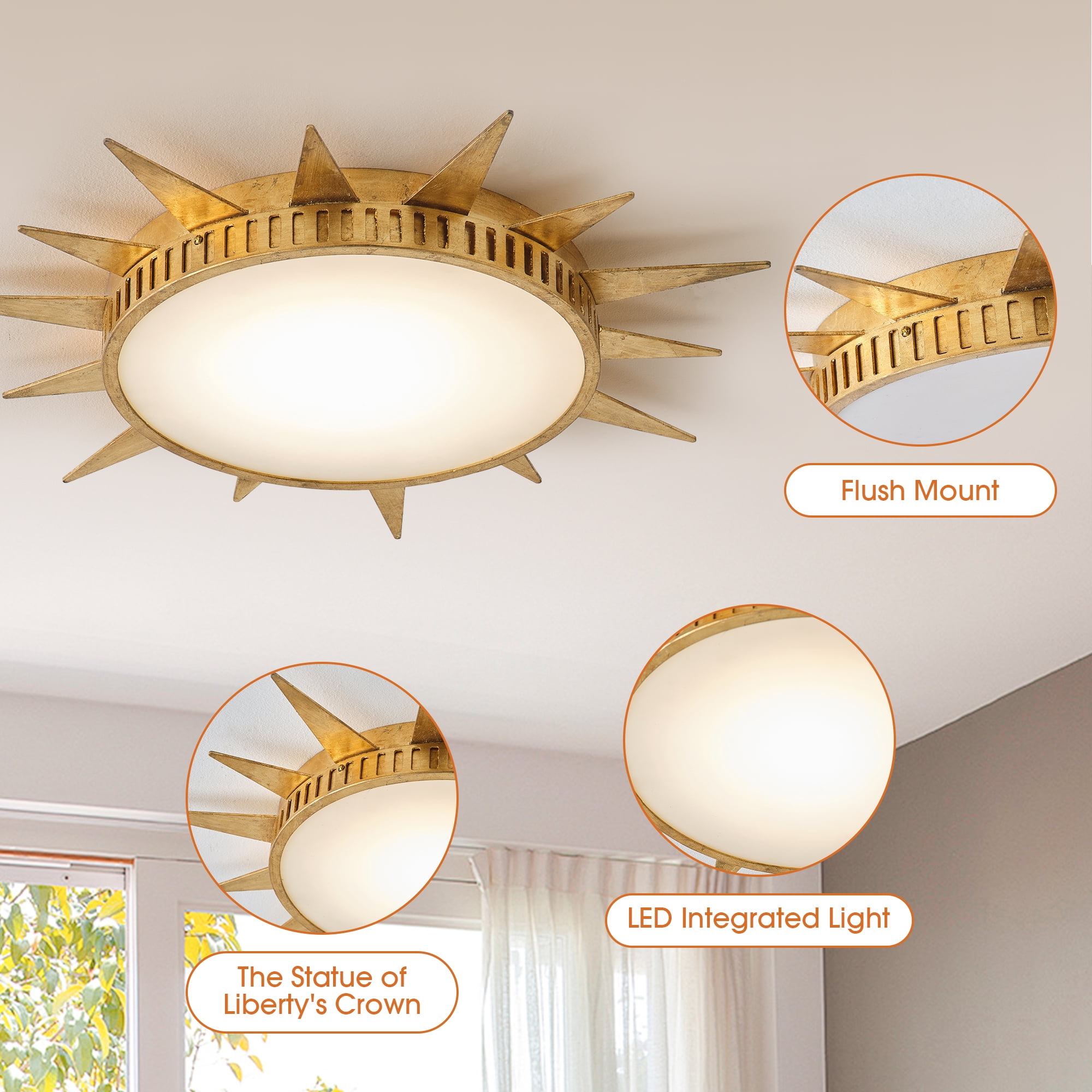 Parrot Uncle 25" Distressed Gold Sunburst 3CCT LED Flush Mount Ceiling Light, Low-Profile Lighting