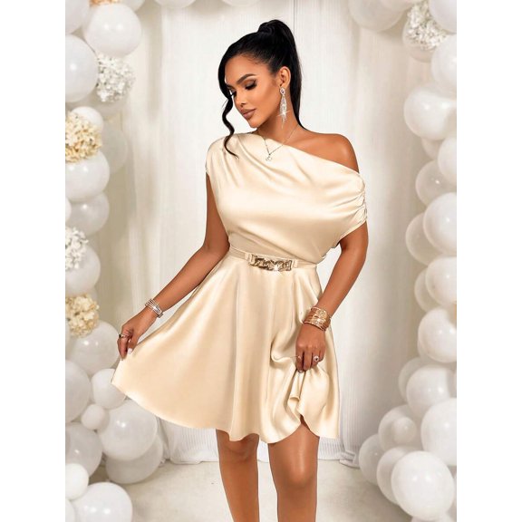 Apricot Satin One Shoulder Mini Dress With Ornamental Buckle Belt, Elegant Party Wedding Guest Outfit