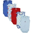 thumbnail image 2 of Luvable Friends Baby Boy Cotton Sleeveless Bodysuits 5pk, Blue, 9-12 Months, 2 of 4
