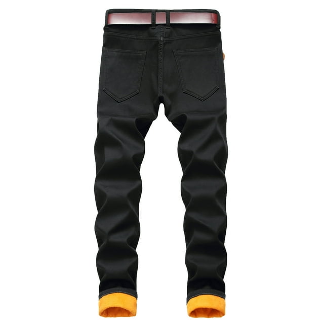 Daeful Mens Denim Pants Mid Waist Trousers Office Zipper Solid Color Jeans Black 42