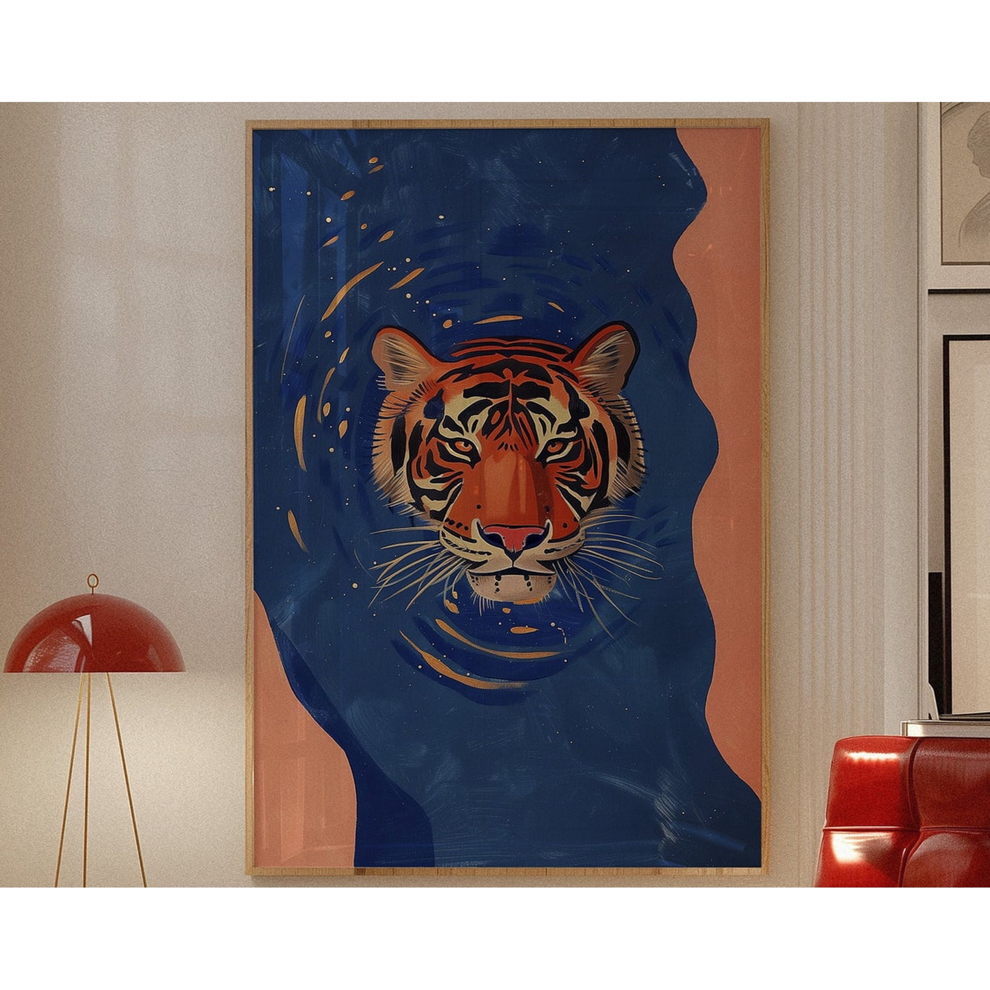 Tiger Poster Mid Century Poster Wall Decor Retro Wall Art Mid Century Modern Print Bedroom Decor Navy Blue Wall Art Trendy 70S Decor Wall Art Modern Wall Decor For Living Room 8x12 UNFRAMED