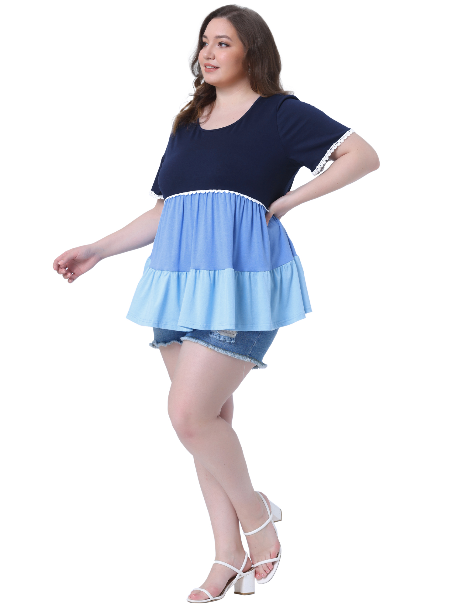 DARING DIVA Women's Plus Babydoll Ruffle Short Sleeve Casual Blouse 2X Blue