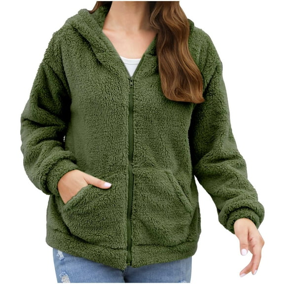 Olyvenn Women's Hooded Sherpa Jacket Full Zip Soft Fleece Winter Coats Long Sleeve Fuzzy Casual Outerwear with Pockets Green L