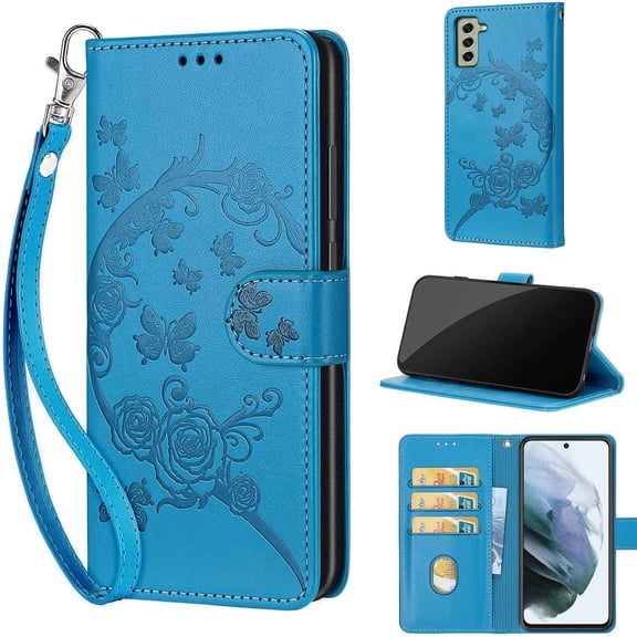 Designed for Samsung Galaxy S21 FE 5G Case Wallet,Women Flip Folio Cover with Embossed PU Leather Credit Card Holders Slots Wrist Strap Phone Case for Samsung S21 FE 6.4 Inch (Blue Flower)