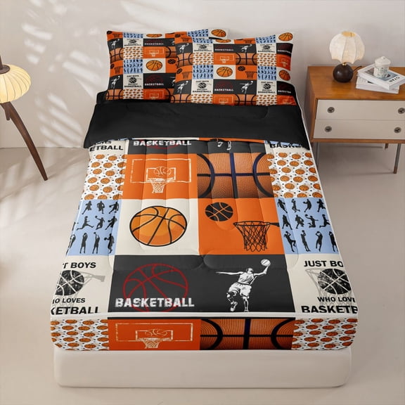 Homewish Basketball Game Boys Zipper Twin Comforter Sets with Fitted Sheet and 2 Pillowcases, Orange Plaid Zipper Bedding Set, Black Reversible, 4 Pieces