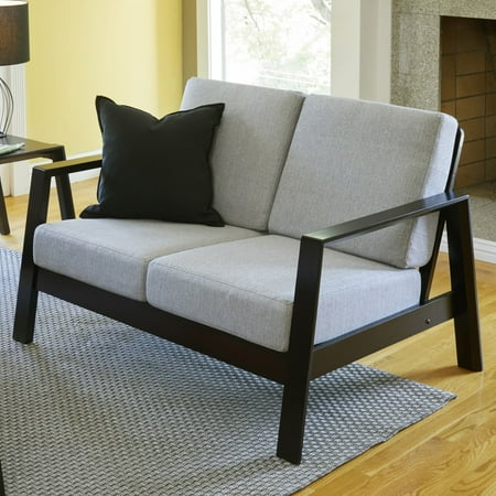 Handy Seat - Handy Living Columbus Mid Century Modern Dove Grey Linen Loveseat with Exposed Wood Frame