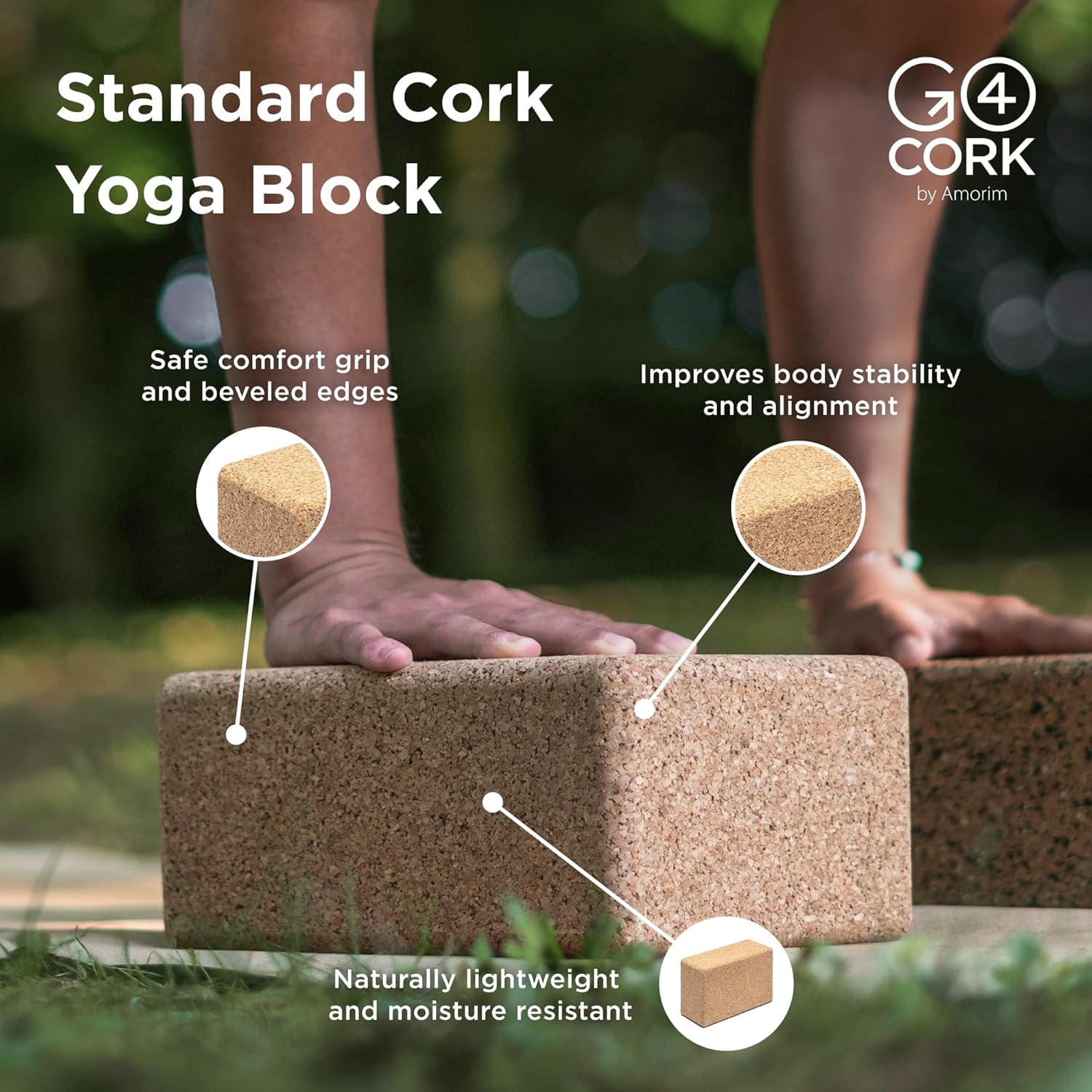 Go4Cork Natural Cork Yoga Block, Non-Slip, Non-Toxic, Lightweight, 9" x 6" x 4"
