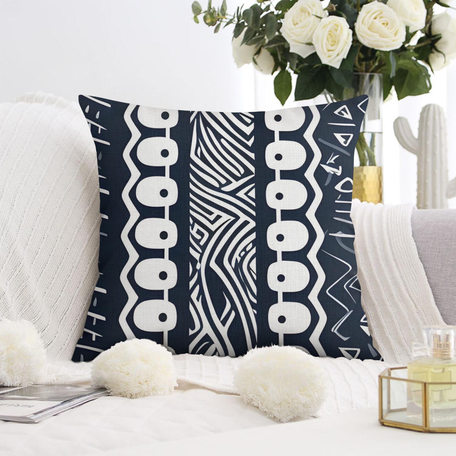 Blue Bohemian Geometric Lines Throw Pillow Covers 18"x18", Set Of 4, Linen Study Sofa Cushion Cover Indoor Living Room Home Decor