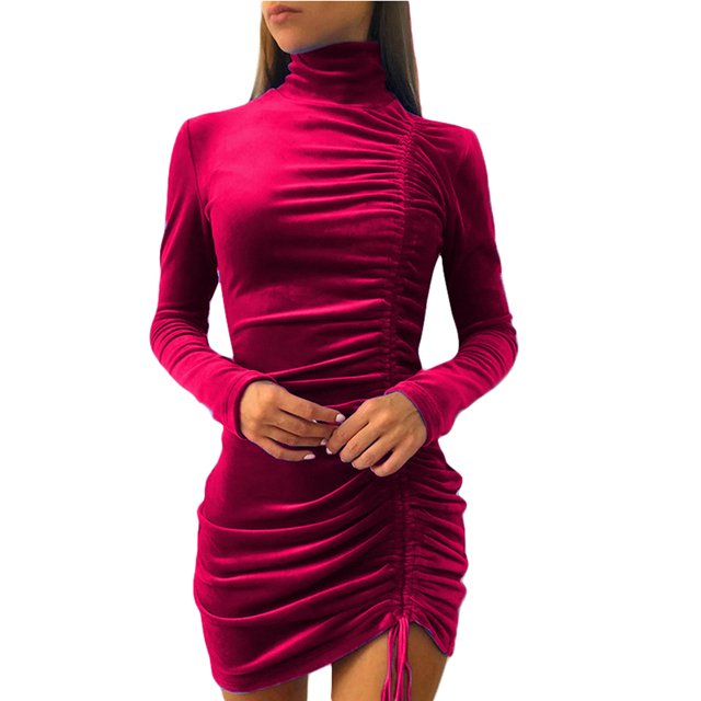 VISgogo - Vestido corto plisado con cordón de color sólido para mujer, informal, de manga larga VISgogo moda