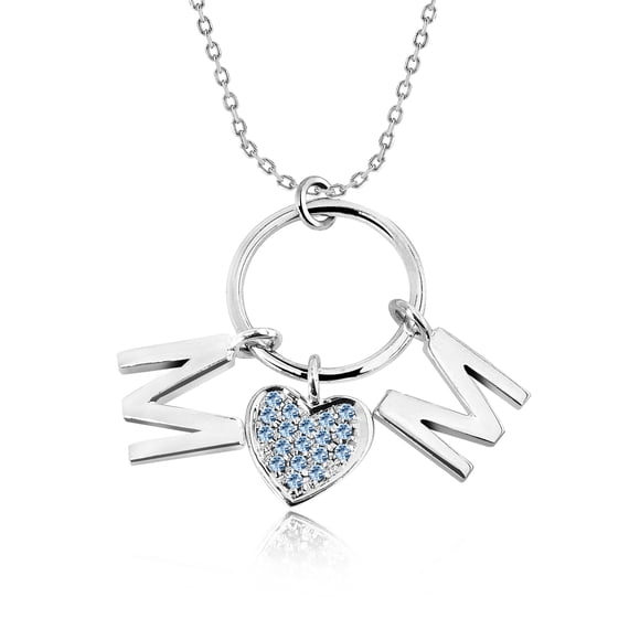 JeenMata Circle Pendant with MOM Charms Pendant Necklace - March Aquamarine Birthstone - Ice Blue Stone Embellished in 18K White Gold Plating for Women