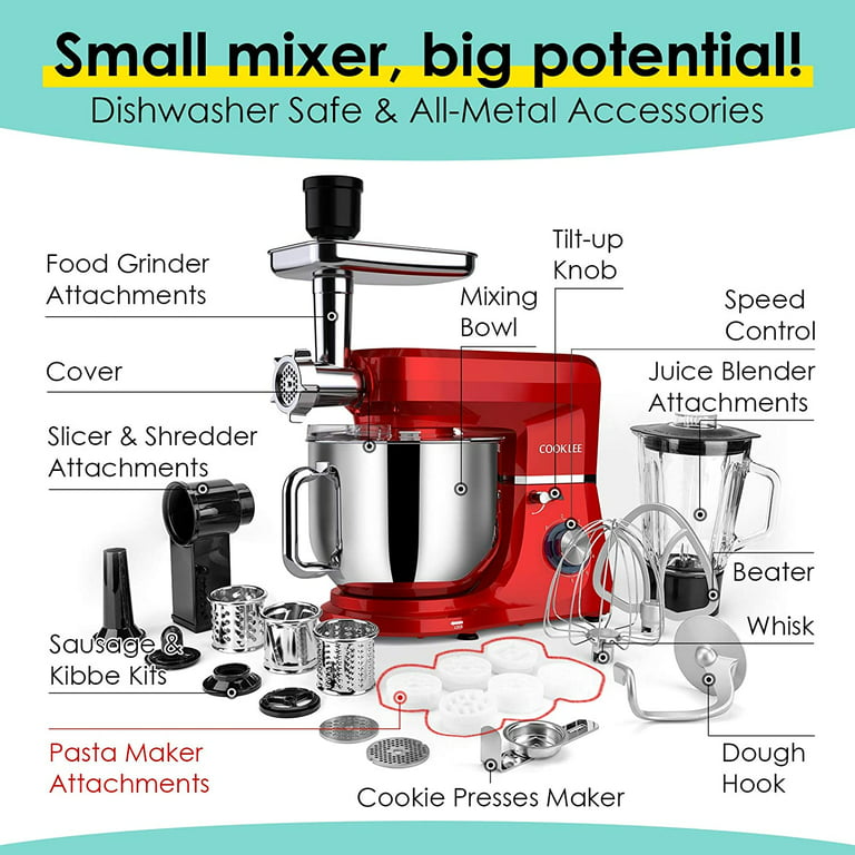 COOKLEE 6-IN-1 Stand Mixer, 9.5 Qt. Multifunctional Electric Kitchen Mixer  with 9 Accessories for Most Home Cooks, SM-1507BM, Ruby Red 