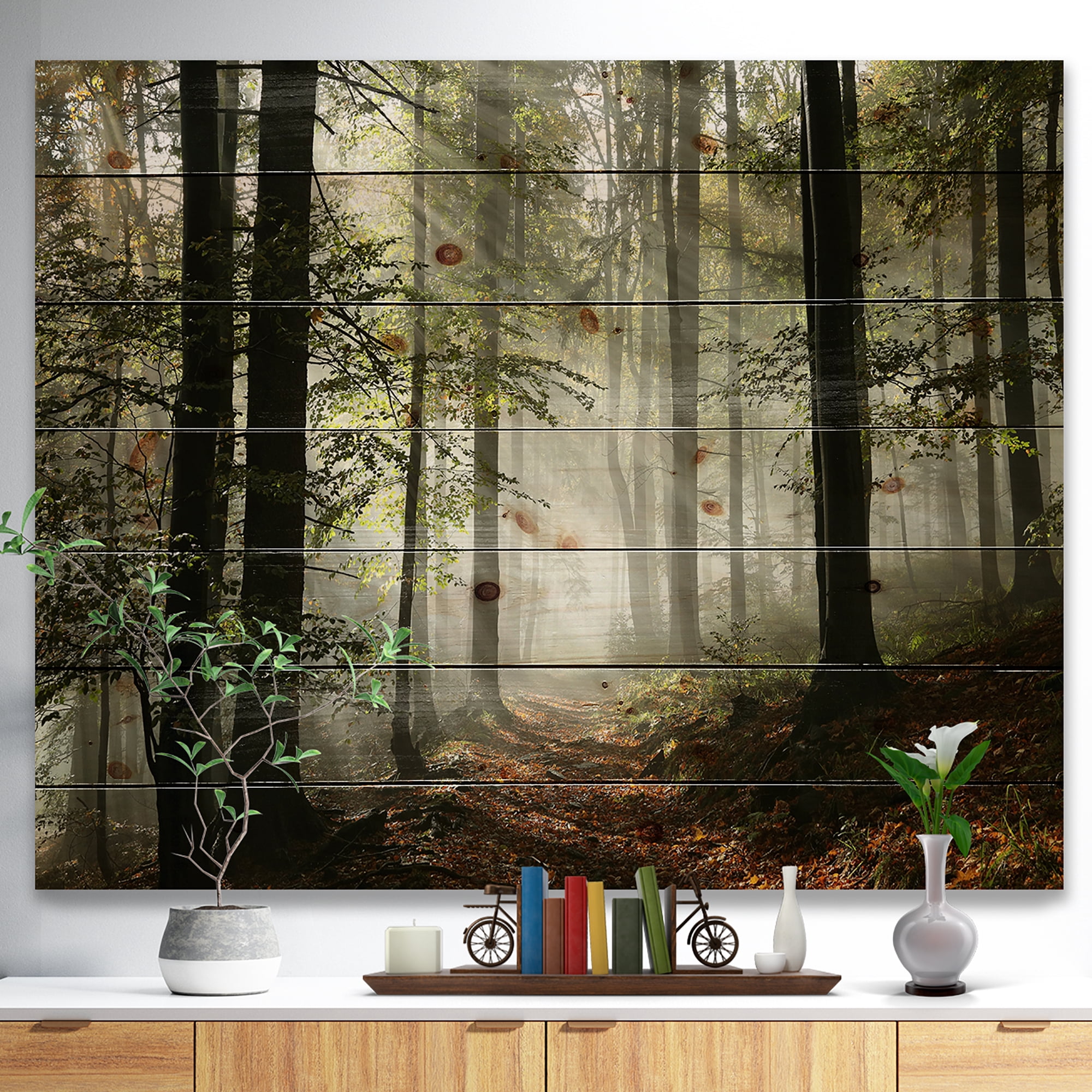Designart Light in Dense Fall Forest with Fog Landscape Print on Natural Pine Wood Art Print, 40" x 30"