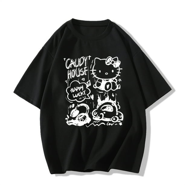 Camiseta con estampado de gato de Hello Kitty para mujer, camisa holgada de media manga, ropa de calle, estilo americano, Y2k