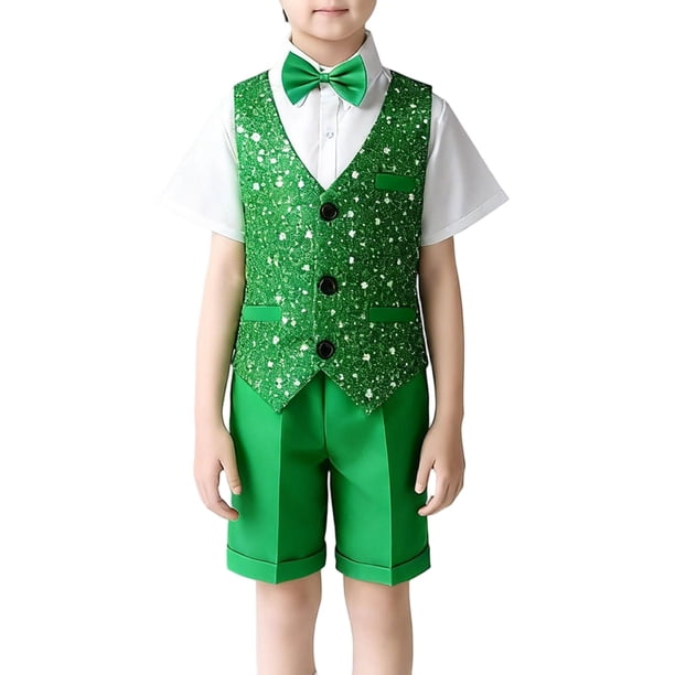 Odeerbi Chicos Niñas 4 Pcs Caballero Traje Formal Camisa de Vestido de Manga Corta + Chaleco de Lentejuelas + Traje Pantalones Cortos + Pañuelo