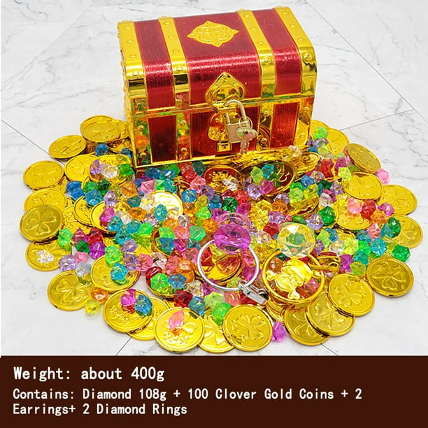 Kids Pirate Treasure Chest Toy Box Gold Color with Lock for Party ...