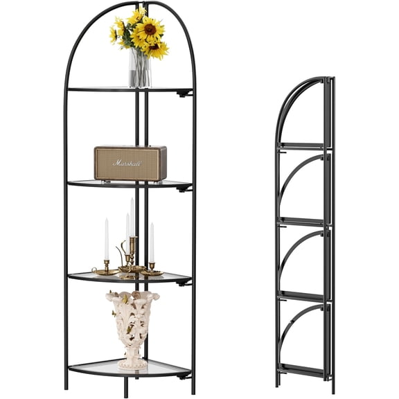 Foldable 4 Tier Corner Shelf, Corner Plant Stand with Black Metal Frame and Transparent Tempered Glass Shelves, Corner Display Rack Multipurpose Shelving Unit for Living Room, Bedroom, Bathroom