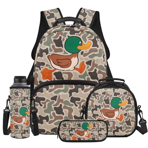 KUIFORTI Duck Camo Girls School Bag with Lunch Box Kid Backpack Set 4Pcs Bookbag Pencil Case Water Bottle Sleeve Suitable for Elementary Primary Middle School Back to School Supplies