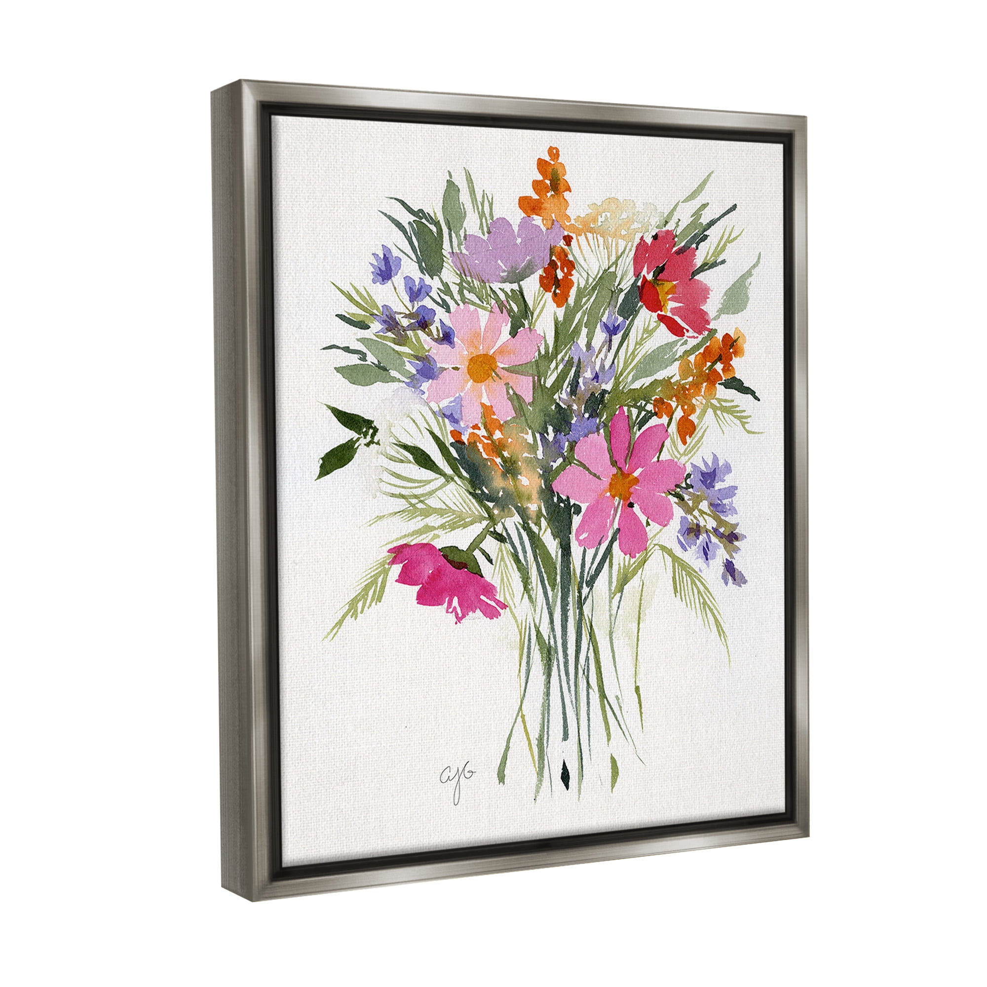 Stupell Industries Simple Mixed Bouquet Botanical & Floral Painting Gray Floater Framed Canvas Art Print Wall Art, 25 x 31