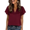 thumbnail image 7 of Womens Wine Red Blouse Ruffle Sleeve V-Neck Top Soft Stretch Casual Shirt Polyester Spandex Office Wear Plus Size,Size S, 7 of 7